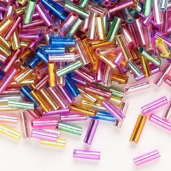 Bugle bead mix 1pkg50g glass, metallic silver-lined mixed colors, 1/4 inch x #3 / 6x2mm round tube image number 0