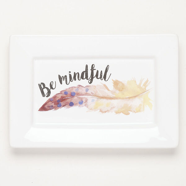 Dish 1pkg1, porcelain, white and multicolored, 7-1/2 x 5-1/4 inches rectangle with feather and "Be mindful." image number 0
