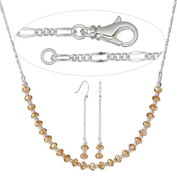 Necklace and earring set, Simple and Sleek Jewelry™, sterling silver / silver-plated stainless steel / crystal, astral pink, 28 inches with lobster claw clasp. Sold per set. image number 0