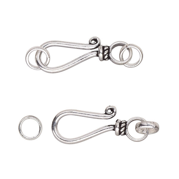 Clasp, hook-and-eye, antiqued sterling silver, 16x8mm-18x9mm with lines design and (2) soldered half-round jump rings. Sold per pkg of 2. image number 0