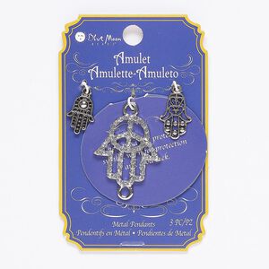 Charm and link mix, glass / silver- / antique silver-finished "pewter" (zinc-based alloy), clear, 16x12mm / 19x13mm / 29x27mm single-sided Fatima hand. Sold per pkg of 3.