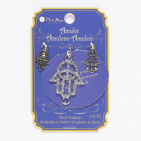 Charm and link mix, glass / silver- / antique silver-finished "pewter" (zinc-based alloy), clear, 16x12mm / 19x13mm / 29x27mm single-sided Fatima hand. Sold per pkg of 3. image number 0