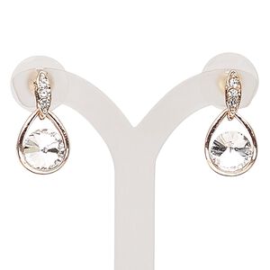 Earring, glass / glass rhinestone / stainless steel / rose gold-finished "pewter" (zinc-based alloy), clear, 20mm with teardrop and post. Sold per pair.