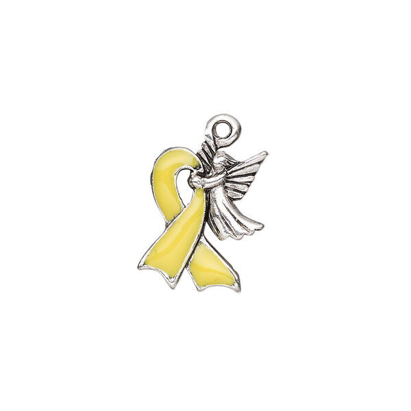 Charm, enamel and antique silver-plated pewter (tin-based alloy), yellow, 18x14mm single-sided awareness ribbon with angel. Sold individually. image number 0
