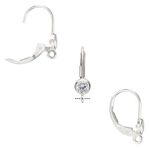 Ear wire leverback 1pkg2 sterling silver / cubic zirconia, 17mm / 4mm faceted round / open loop, clear 1 pair