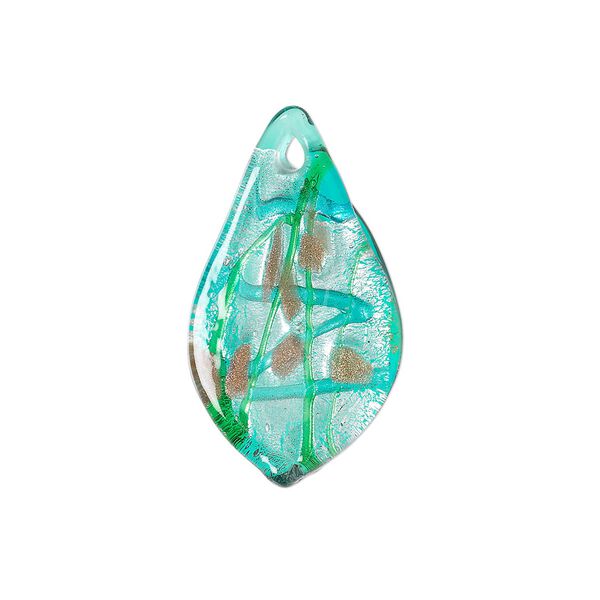 Drop, lampworked glass, semitransparent clear/blue/green with copper-colored glitter and silver-colored foil, 28x16mm single-sided flat leaf. Sold per pkg of 2. image number 0