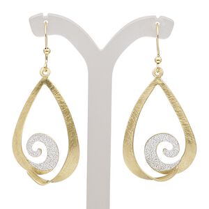 Earring, gold-finished brass and steel, silver with glitter, 2 inches with scratched open teardrop and swirl with fishhook ear wire. Sold per pair.