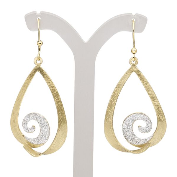 Earring, gold-finished brass and steel, silver with glitter, 2 inches with scratched open teardrop and swirl with fishhook ear wire. Sold per pair. image number 0