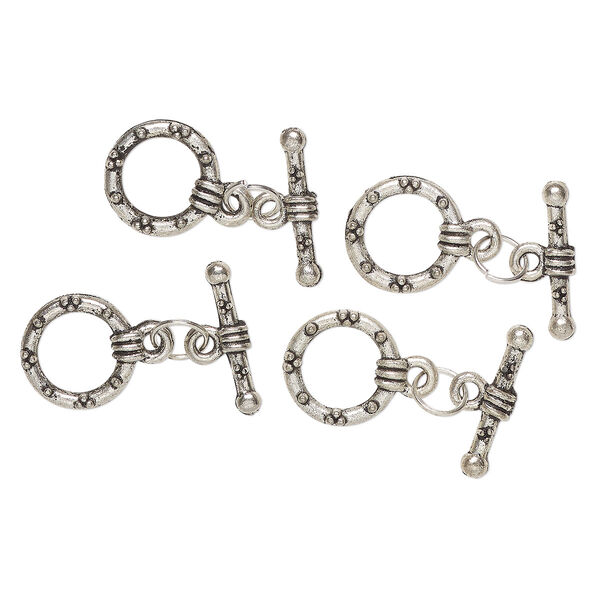 Clasp, toggle, "pewter" (zinc-based alloy) and steel, pkg/4, 15mm round, antique silver finish. image number 0