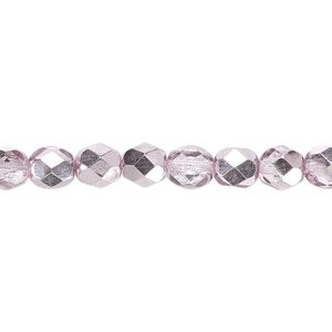 Bead, Czech fire-polished glass, clear with half-coat metallic pink silver, 6mm faceted round. Sold per 15-1/2" to 16" strand.