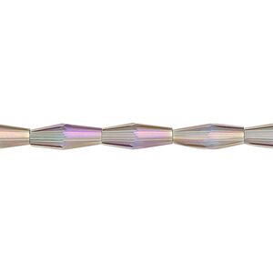 Bead, glass, crystal vitrail, 12x4mm long bicone. Sold per 15-1/2 to 16-inch strand.