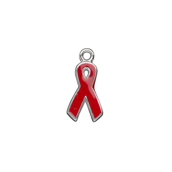 Charm, silver-plated aluminum and epoxy, red, 15x9mm single-sided awareness ribbon. Sold per pkg of 6. image number 0