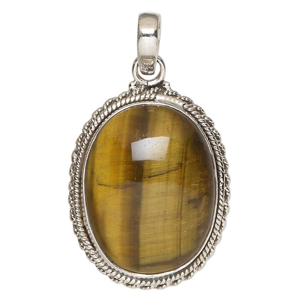 Pendant, tigereye (natural) and antiqued sterling silver, 30x24mm oval with rope edge. Sold individually. image number 0