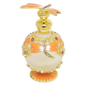 Perfume bottle, glass / enamel / gold-finished "pewter" (zinc-based alloy), multicolored, 3x2 inches with metal dauber and threaded stopper with dragonfly. Sold individually.