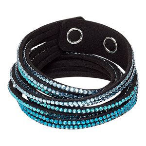 Bracelet, 6-strand wrap, acrylic rhinestone / faux suede / imitation rhodium-plated brass, black / clear / multi-blue, 19mm wide, adjustable at 6-1/2 and 7 inches with snap closure. Sold individually.