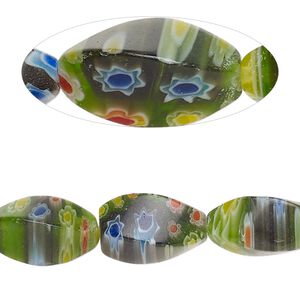 Bead, millefiori glass, translucent green and multicolored, 16x8mm four-sided twisted oval with flower and stripe design. Sold per 14-inch strand.