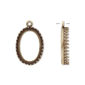 Drop, JBB Findings, antiqued brass, 20x15mm oval with decorative trim, 18x13mm oval bezel setting. Sold per pkg of 2.