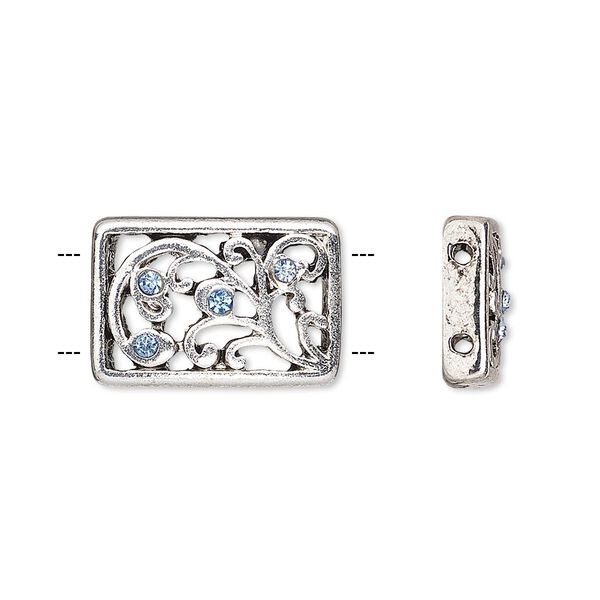 Spacer, glass rhinestone and antique silver-finished "pewter" (zinc-based alloy), light blue, 18x12mm single-sided 2-strand curved rectangle with swirl design, fits up to 6mm bead. Sold per pkg of 3. image number 0