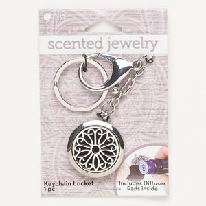 Keychain, silver-finished steel / brass / felt, 5x1-1/4 inch locket with split ring and lobster claw clasp. Sold individually.