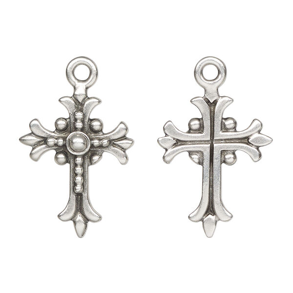 Drop, TierraCast®, antique silver-plated pewter (tin-based alloy), 22x17.5mm single-sided cross with fleur-de-lis design. Sold per pkg of 2. image number 0
