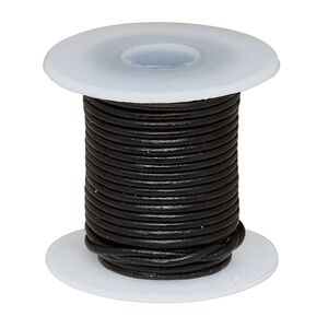 Cord, leather (dyed), black, 1-1.2mm round. Sold per 5-yard spool.