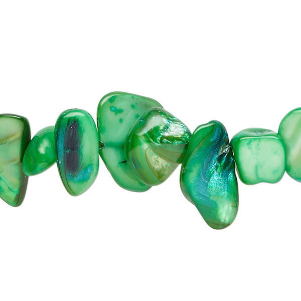 Bead, mother-of-pearl shell (dyed), green, small to extra-large chip, Mohs hardness 3-1/2. Sold per 30-inch strand. image number 0