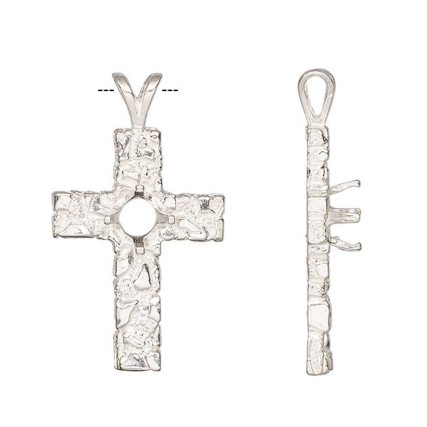 Pendant, Sure-Set™, sterling silver, 30.5x17.5mm cross with 6mm pre-notched 4-prong round setting. Sold individually. image number 0