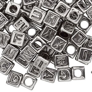 Bead mix, acrylic, silver and opaque black, 6.5x6mm vertically drilled cube with alphabet letters. Sold per pkg of 100.