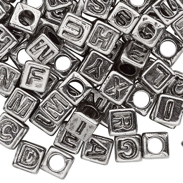 Bead mix, acrylic, silver and opaque black, 6.5x6mm vertically drilled cube with alphabet letters. Sold per pkg of 100. image number 0