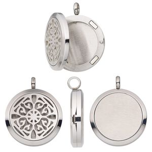 Pendant, stainless steel, 37x30mm single-sided hinged round locket with cutout fancy flower and magnetic closure. Sold individually.