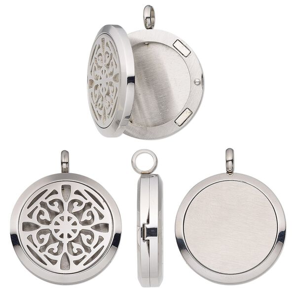Pendant, stainless steel, 37x30mm single-sided hinged round locket with cutout fancy flower and magnetic closure. Sold individually. image number 0