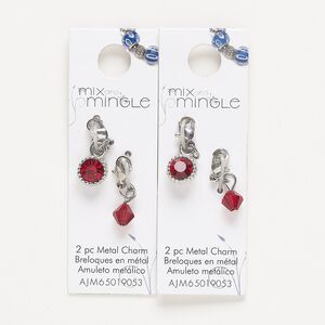 Drop, silver-finished "pewter" (zinc-based alloy) / steel / glass, dark red, 22x7mm single-sided and 24x9mm single-sided with lobster claw clasp. Sold per pkg of (2) 2-piece sets.