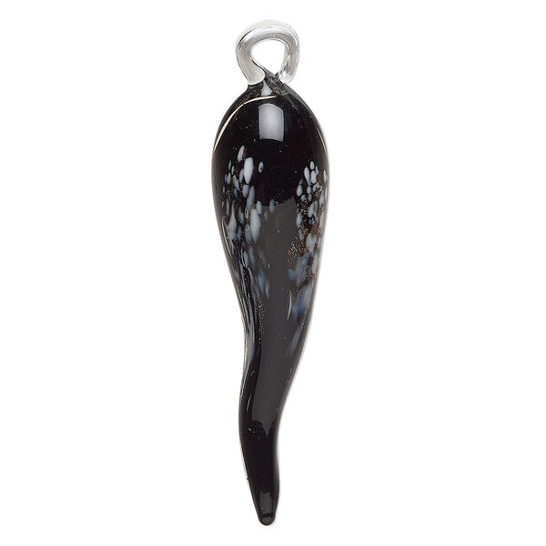 Pendant, lampworked glass, clear / opaque black / white with copper-colored foil, 59x15mm chili pepper. Sold individually. image number 0