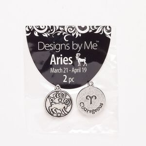 "Pewter" (zinc-based alloy) / enamel 1pkg2, 2-sided round charm / Aries / "Courageous" antique silver-finish / black 17mm