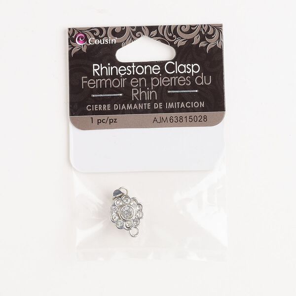 Clasp, tab, brass and glass, pkg/1, 11mm flower, silver finish and clear. image number 0