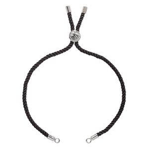 Bracelet component, nylon and imitation rhodium-finished "pewter" (zinc-based alloy), black, 3mm wide, 8-3/4 inches with 9mm flat round adjustable slider bead with tree of life design and 2 open loops. Sold individually.