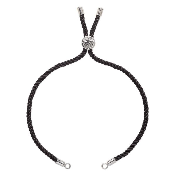 Bracelet component, nylon and imitation rhodium-finished "pewter" (zinc-based alloy), black, 3mm wide, 8-3/4 inches with 9mm flat round adjustable slider bead with tree of life design and 2 open loops. Sold individually. image number 0
