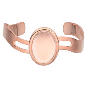 Bracelet, cuff, copper-plated brass and "pewter" (zinc-based alloy), 63x30mm with wave design and 25x18mm oval setting, adjustable. Sold individually.