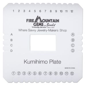 Kumihimo plate, EVA foam, white and black, 6-inch single-sided square with 2 x 1-1/4 inch inside hole and 32 slots, 3/8 inch thick. Sold individually.