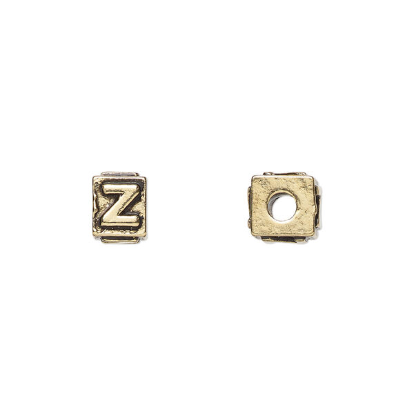 Bead, antique gold-plated pewter (tin-based alloy), 8x6mm rectangle with alphabet letter "Z." Sold per pkg of 4. image number 0