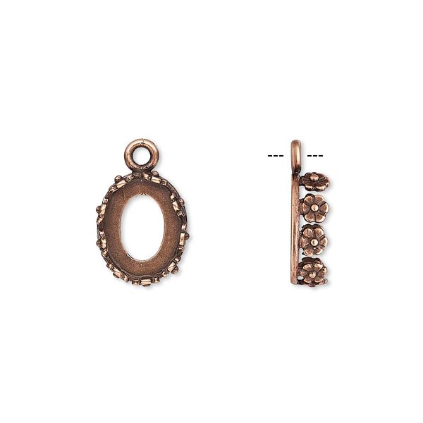Drop, JBB Findings, antique copper-plated brass, 12x10mm oval with open back and flower design trim, 10x8mm oval bezel setting. Sold per pkg of 2. image number 0