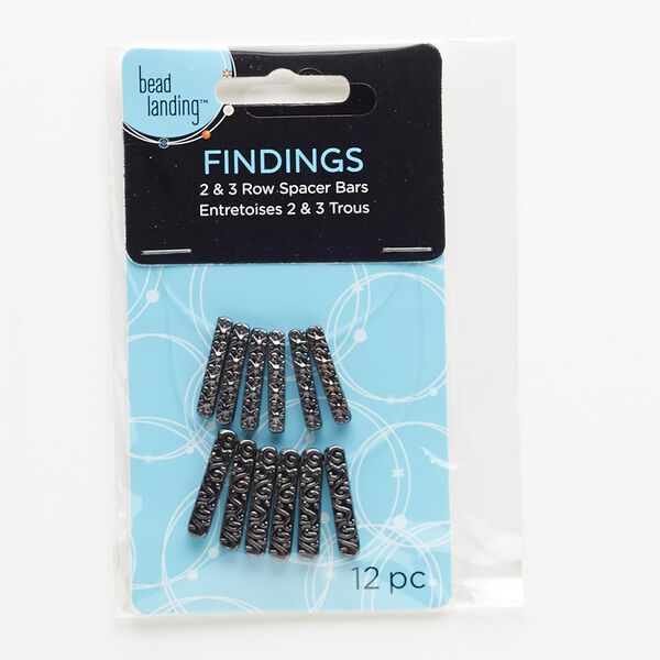 Spacer bar, gunmetal-finished "pewter" (zinc-based alloy), 21x4mm 3-strand flat oval with swirl design and 20x3mm 2-strand flat oval with star and swirl design. Sold per pkg of 12. image number 0