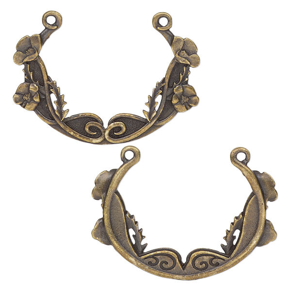 Focal, TierraCast®, antique brass-plated pewter (tin-based alloy), 35x25mm 2-sided oval with poppy festoon design. Sold per pkg of 10. image number 0