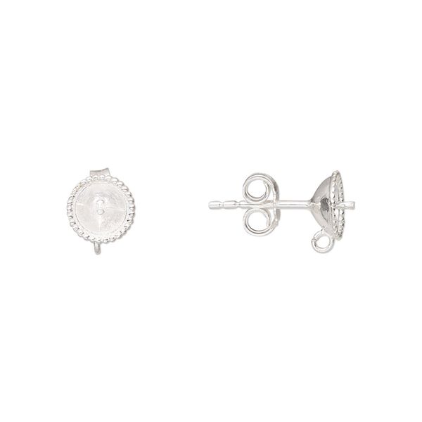 Earstud 1pkg2 sterling silver, 7mm beaded cup / 3mm peg / 6mm round half-drilled setting / open loop / earnuts, 1 pair image number 0