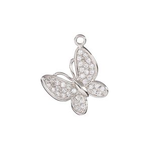 Charm, cubic zirconia and rhodium-plated sterling silver, clear, 20mm single-sided butterfly. Sold individually.