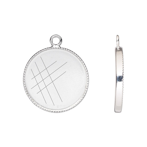 Drop, silver-plated brass, 19mm round with beaded edge and 18mm round bezel cup setting. Sold per pkg of 6. image number 0