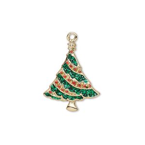 Charm, enamel and gold-finished "pewter" (zinc-based alloy), red and green with glitter, 21x17mm single-sided Christmas tree. Sold individually.