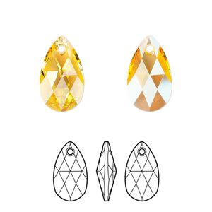 Drop, Crystal Passions® crystals, Crystal Passions®, light topaz shimmer, 16x9mm faceted pear pendant (6106). Sold per pkg of 2.
