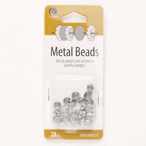 Bead, "pewter" (zinc-based alloy), pkg/28, antique silver finish, 6mm puffed flat swirl round. image number 0