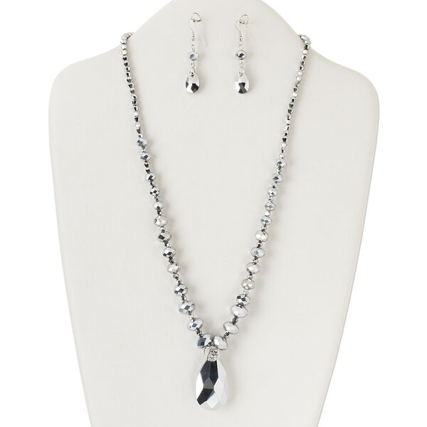 Necklace and earring set, silver-finished "pewter" (zinc-based alloy) / brass / steel / glass, clear with full-silver finish, 38x22mm teardrop, 22 inch with tab clasp, 35x10mm earrings with fishhook ear wire. Sold per set. image number 0